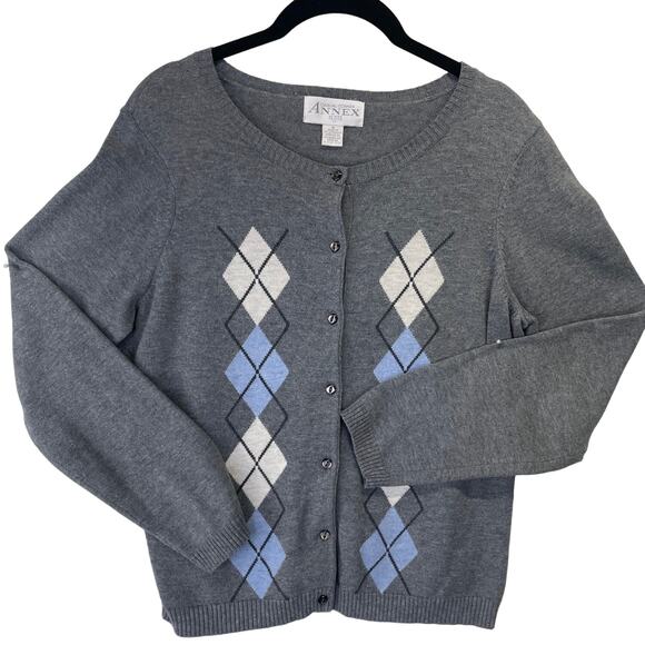 Casual Corner Annex Argyle Button Up Cardigan Sweater Gray Blue White Med Petite - Picture 3 of 11